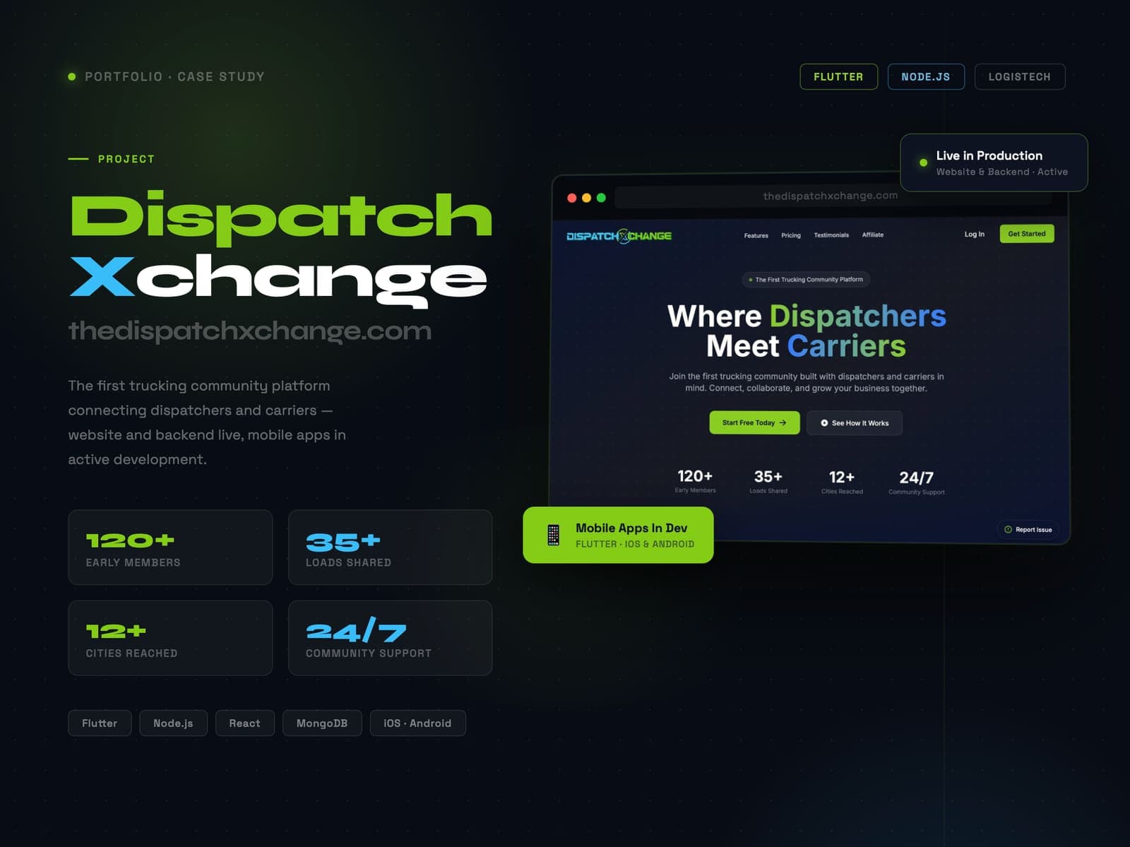 Dispatch Xchange website homepage with member, load and city stats